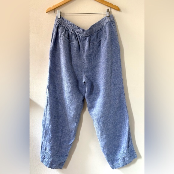 Chico’s 🩵 Blue Chambray 100% Linen Cropped Embroidered Pants size 10 - Picture 4 of 5